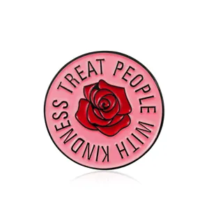 Stylish pink round metal enamel pin featuring red rose and inspirational text brooch.