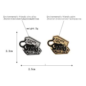 Cute black cat enamel pin metal brooch with coffin design and fun quote for backpack.