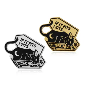 Cute gothic black cat enamel pin set, coffin shape metal brooch badge with funny quote.