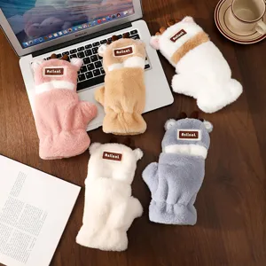 Winter cute antler plush gloves, thick warm student half-finger flip design for cold days.