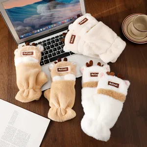 Plush deer horn gloves detail view, thick warm flip cover half finger design, cozy winter style.