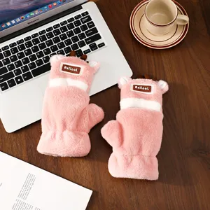 Cute winter plush half-finger gloves with deer antlers warm sweet pink design for students