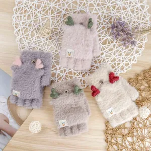 Guanti invernali carini in peluche mezze dita ribaltabili da donna caldi e comodi