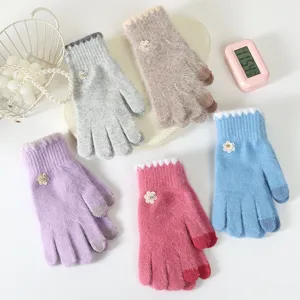 Guanti Touchscreen in Maglia Calda Invernale da Donna Carino Floreale Misto Pelo di Coniglio Ispessiti a Prova di Freddo Ciclismo Femminile