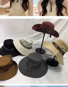 Ethnic style western cowboy hat for women, sun protection bucket hat for outdoor travel camping.
