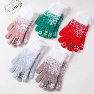 Guanti Touchscreen in Maglia Foderati in Pile Caldi e Ispessiti Invernali da Donna Motivo Fiocco di Neve di Natale