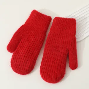 Red knitted fuzzy winter warm mittens, thick cozy double layer outdoor cold weather gloves