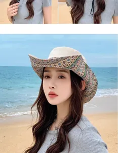 Ethnic style western cowboy sun hat for women, perfect for outdoor travel, camping, and beach.