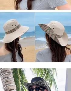 Close-up detail of women boho sun hat with woven band, perfect for outdoor beach summer travel.