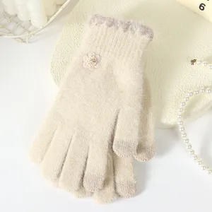 Guanti invernali donna spessi caldi lavorati a maglia touch floreali tinta unita.