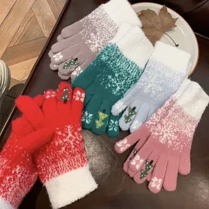 Guanti invernali in maglia calda con motivi di fiocchi e alberi, spessa fodera in peluche.