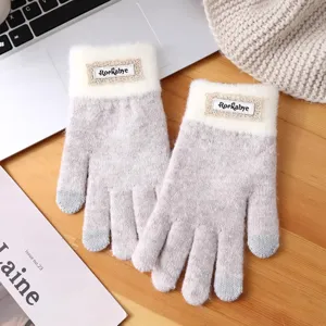 Winter touchscreen knit gloves, warm fleece double layer color block design women.