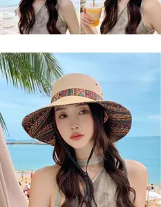 Tribal print sun bucket hat for women, wide brim beach hat with windproof rope.