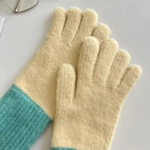 Chic women's knit fuzzy color-block gloves for autumn and winter, warm and sweet fashion style.