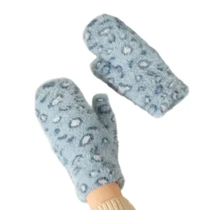 Cute plush leopard mittens for women, winter thickened warm fuzzy ski gloves for cold weather.