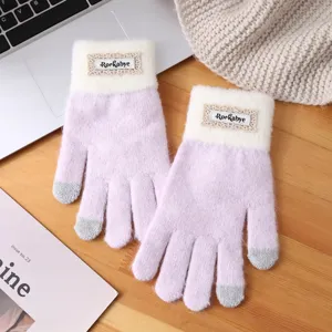 Women winter warm knitted gloves touchscreen double layer fleece lined purple white cuffs