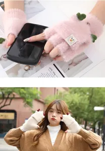 Guanti invernali caldi in peluche senza dita per donne spessi morbidi design con corna di cervo.