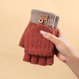 Knit wool half-finger convertible gloves in rust brown, winter warm thermal gloves