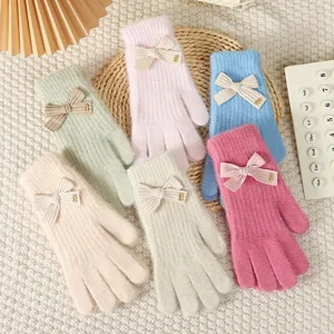 Cute bow-knot knitted winter gloves for women sweet warm touch screen gloves solid color
