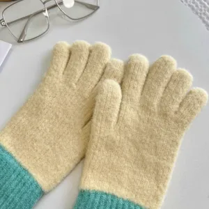 Plush knit gloves for women, color-block design, cozy autumn and winter cold protection.