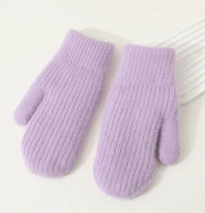 Close-up view of winter thick warm knit mittens in light purple, soft ribbed cuff.
