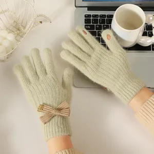 Cute bow knot knitted gloves for women winter touchscreen warm gloves detail view