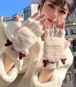 Guanti invernali in peluche mezza dita con corna di cervo, caldi e comodi per donne.