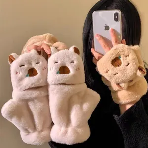 Guanti in Peluche Caldi Invernali da Donna Simpatico Capibara Panda Orso Copertura a Scatto Mezzo Dito Pile Antifreddo Guanti da Scrittura