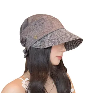 Straw patchwork pleated sun hat for women, stylish summer outdoor visor with UV protection.