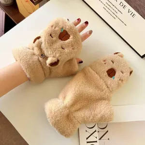 Guanti in peluche mezzo dito con patta a tema capibara carini da donna invernali caldi e comodi.