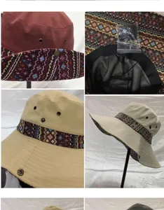 Close-up details of the ethnic style sun hat with breathable mesh lining and adjustable chin strap.