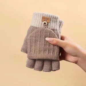 Convertible fingerless knit gloves for winter, warm wool blend half-finger gloves with button.
