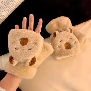 Guanti senza dita in morbido peluche capybara carini da donna invernali caldi e spessi.