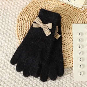 Women winter warm black knitted gloves with cute beige bow design, soft cozy fleece lined daily wear.