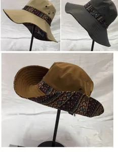 Ethnic style wide brim sun hat with tribal pattern band, outdoor camping fishing hat for women.