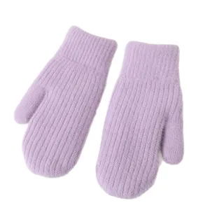 Cozy winter thick knitted mittens in light purple, warm and soft for outdoor cold weather.