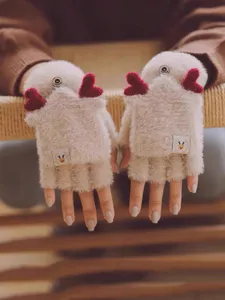 Accoglienti guanti invernali in peluche mezza dita con corna rosse calde per donne.