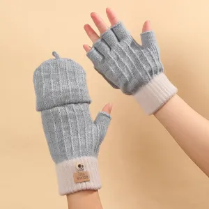 Women autumn winter knit half finger convertible warm gloves grey fleece mittens cuff