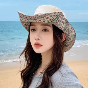 Women's Ethnic Style Western Cowboy Hat Summer Outdoor Sun Protection Fishing Hiking Beach Fisherman Cap