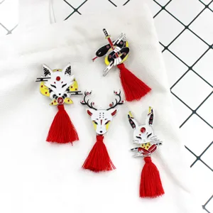 Chinese stijl schattige dieren emaille broches set met rode kwastjes vos hert sieraden