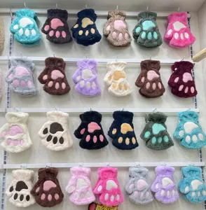 Women winter warm cat paw half finger gloves plush cute student writing gloves multiple colors