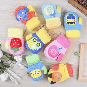 Cute cartoon plush winter gloves for kids featuring soft coral fleece for warm daily wear.