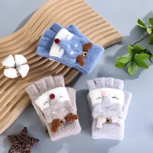 Guanti in maglia a mezze dita ribaltabili, caldi guanti invernali con animali cartoni per studenti.