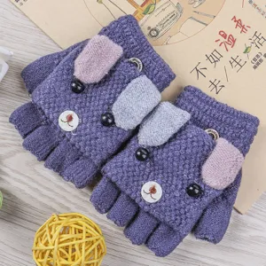Guanti di maglia a mezze dita per bambini design cucciolo carino mitten calde invernali dettaglio