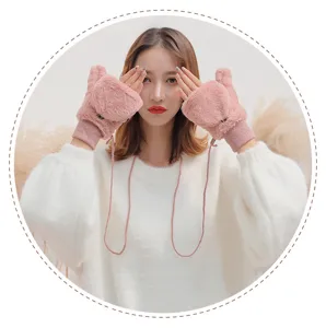 Plush flip-top convertible winter gloves for women with hanging neck rope warm pink design