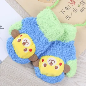Kids winter warm coral fleece gloves detail view, soft cute cartoon animal design with neck strap.