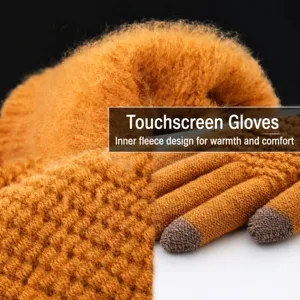Detailed view of winter warm knitted touchscreen gloves with cozy fleece lining inside.