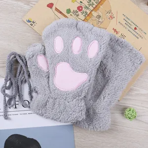 Winter women's warm plush cat paw half-finger gloves grey cute fleece gloves with string