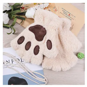 Winter women warm gloves cute cat paw design half finger plush mittens for cold days