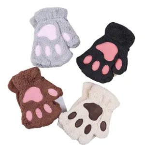 Women winter warm cat paw half finger gloves plush cute student writing gloves main image